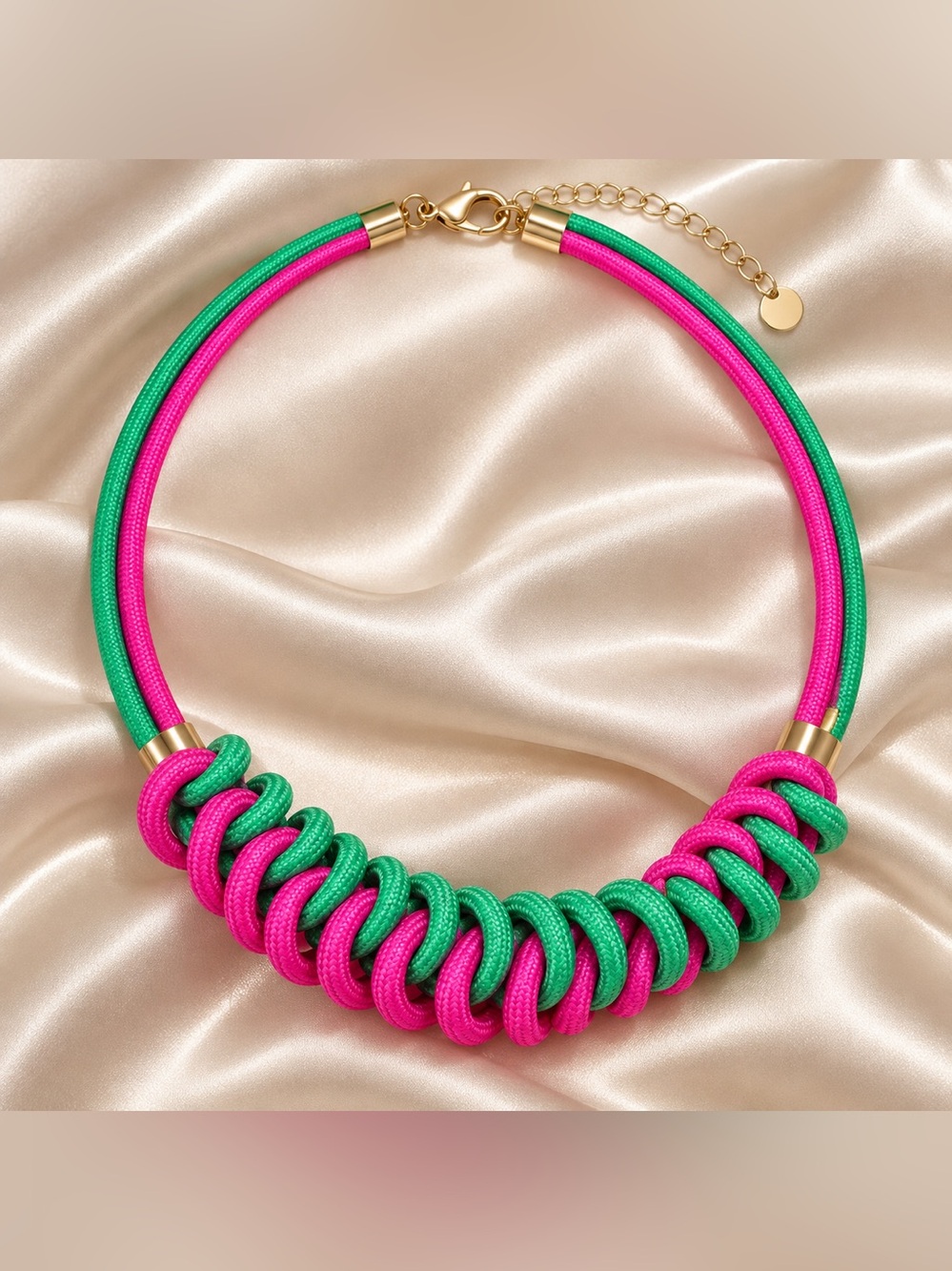 Pink & Green Woven Rope Statement Necklace | Gold Tone | Adjustable
